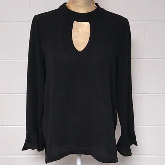 SHE + SKY COTTON CREPE, TUNIC BLOUSE, CUT OUTS, RUFFLE LONG SLEEVE, SIDE VENTS - Picture 1 of 6